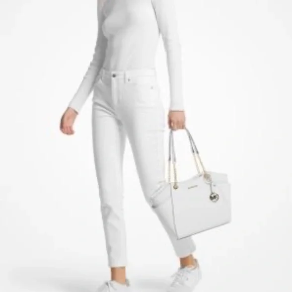 NWT Michael Kors Shoulder Bag Jet Set Large Saffiano Leather Optic White w Gold - Picture 9 of 9